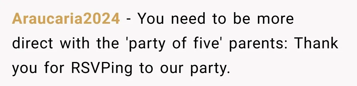 Araucaria2024 − You need to be more direct with the 'party of five' parents: Thank you for RSVPing to our party.