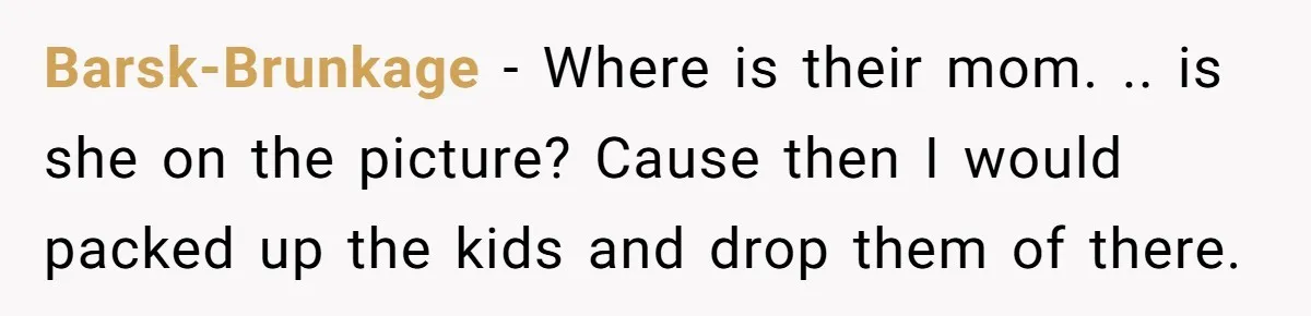 Barsk-Brunkage − Where is their mom. .. is she on the picture? Cause then I would packed up the kids and drop them of there.