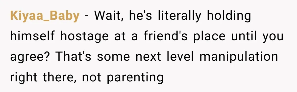 Kiyaa_Baby − Wait, he's literally holding himself hostage at a friend's place until you agree? That's some next level manipulation right there, not parenting
