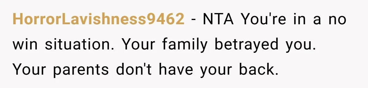 HorrorLavishness9462 − NTA You're in a no win situation. Your family betrayed you. Your parents don't have your back.
