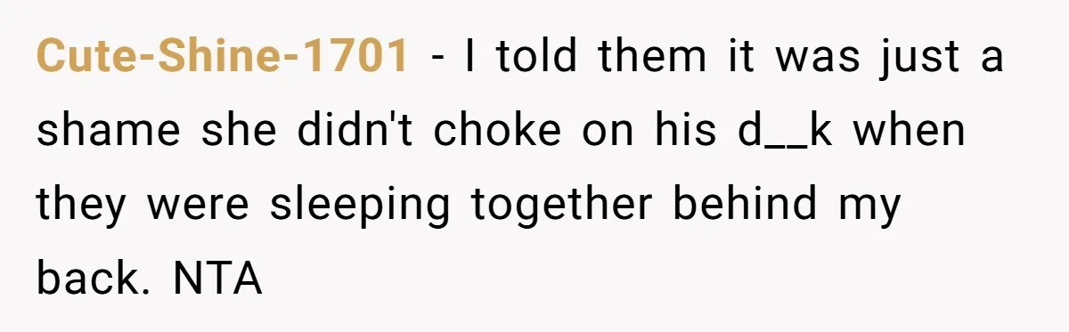 Cute-Shine-1701 − I told them it was just a shame she didn't choke on his d__k when they were sleeping together behind my back. NTA