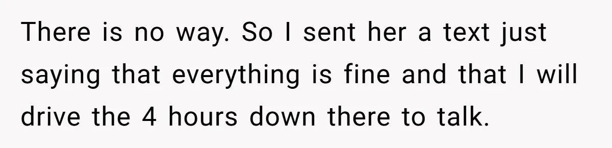 There is no way. So I sent her a text just saying that everything is fine and that I will drive the 4 hours down there to talk.