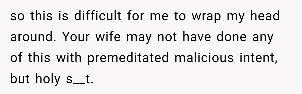 so this is difficult for me to wrap my head around. Your wife may not have done any of this with premeditated malicious intent, but holy s__t.