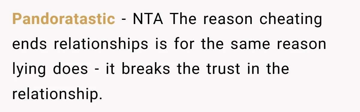 Pandoratastic − NTA The reason cheating ends relationships is for the same reason lying does - it breaks the trust in the relationship.