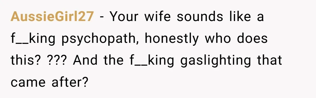 AussieGirl27 − Your wife sounds like a f__king psychopath, honestly who does this? ??? And the f__king gaslighting that came after?