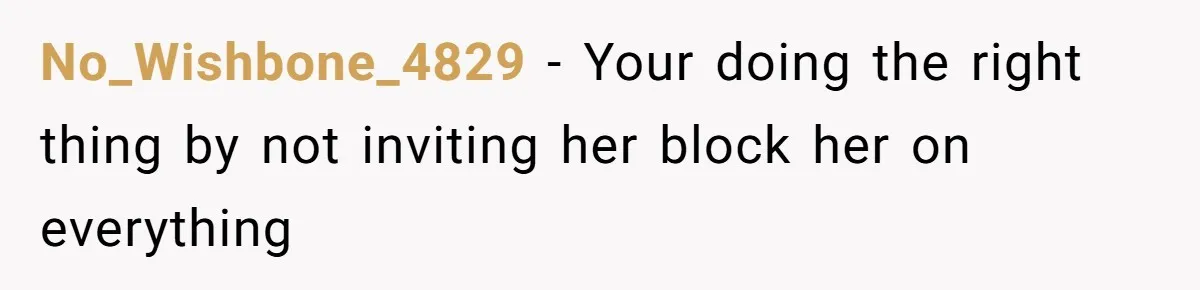 No_Wishbone_4829 − Your doing the right thing by not inviting her block her on everything