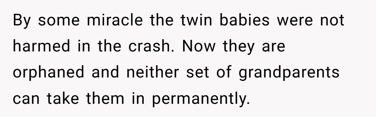 By some miracle the twin babies were not harmed in the crash. Now they are orphaned and neither set of grandparents can take them in permanently.