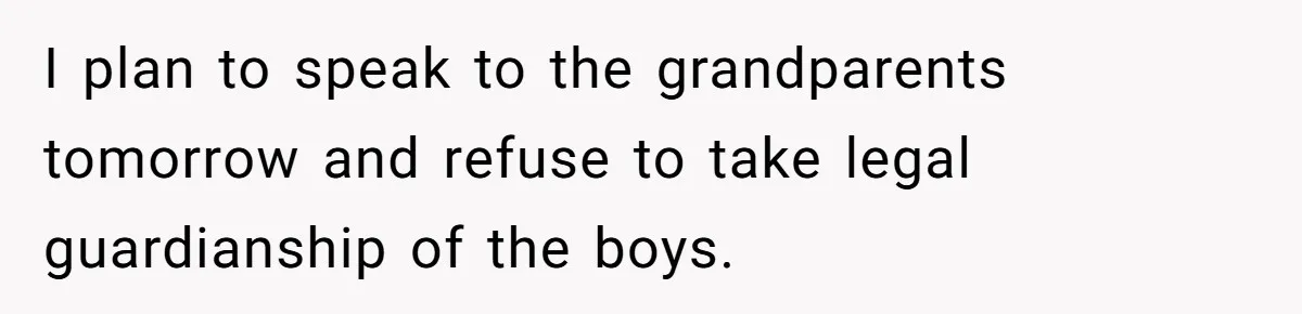 I plan to speak to the grandparents tomorrow and refuse to take legal guardianship of the boys.