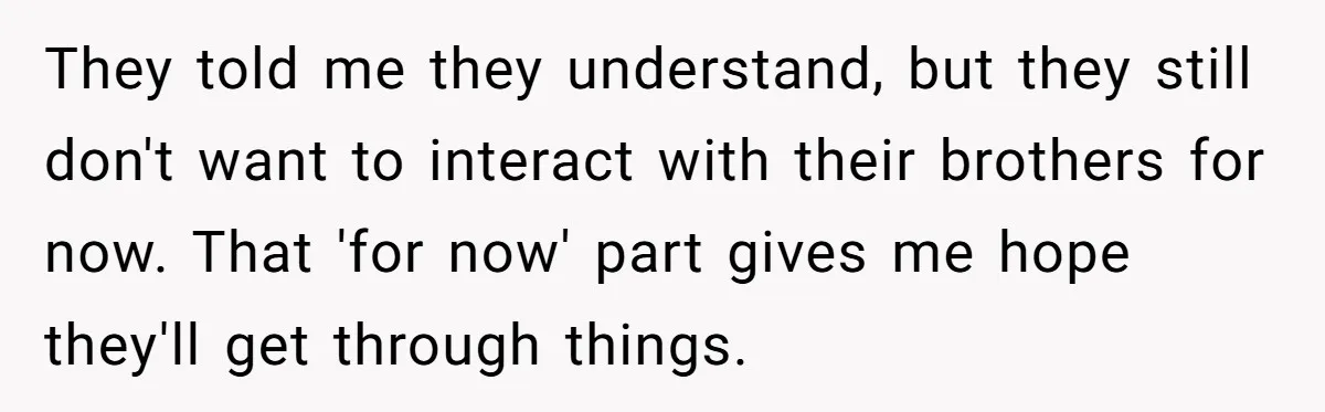 They told me they understand, but they still don't want to interact with their brothers for now. That 'for now' part gives me hope they'll get through things.