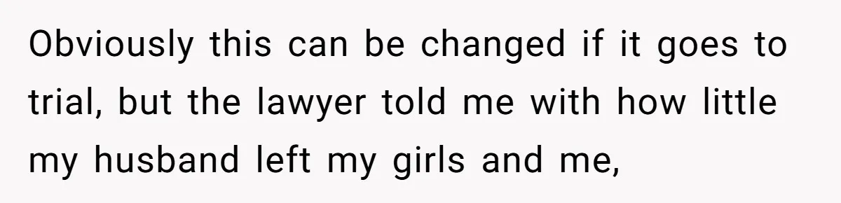 Obviously this can be changed if it goes to trial, but the lawyer told me with how little my husband left my girls and me,
