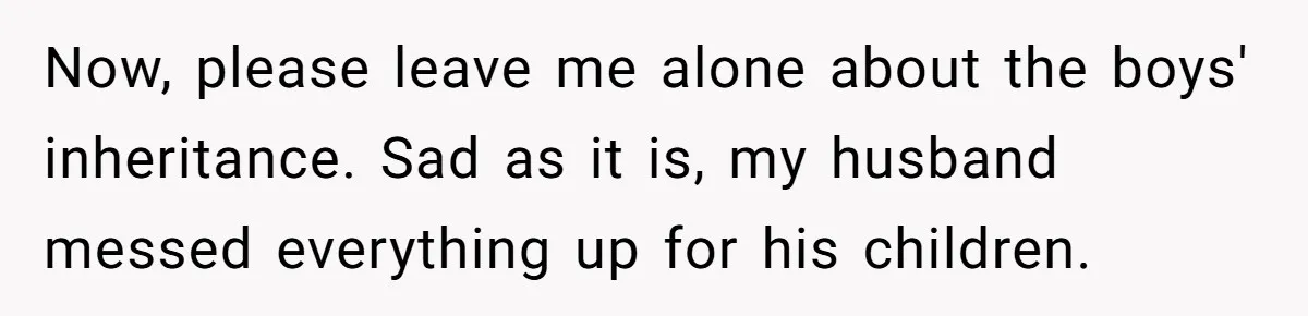 Now, please leave me alone about the boys' inheritance. Sad as it is, my husband messed everything up for his children.