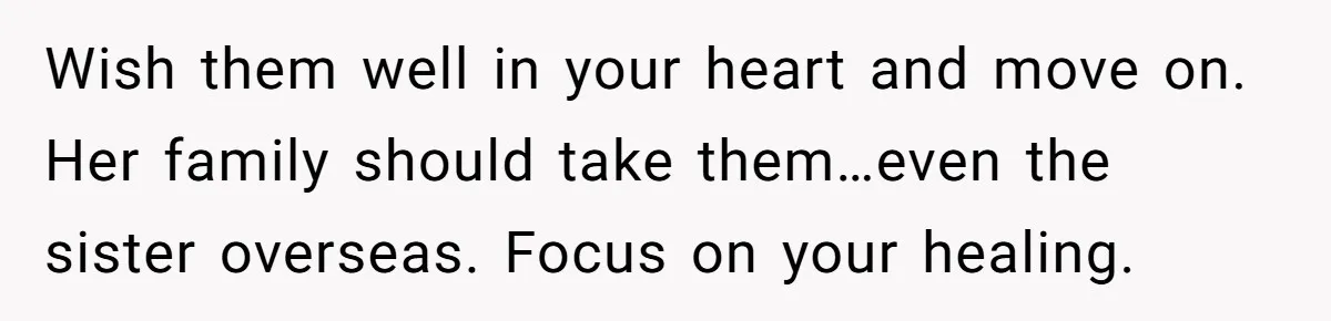 Wish them well in your heart and move on. Her family should take them…even the sister overseas. Focus on your healing.