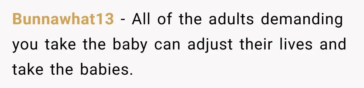 Bunnawhat13 − All of the adults demanding you take the baby can adjust their lives and take the babies.