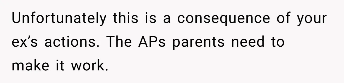 Unfortunately this is a consequence of your ex’s actions. The APs parents need to make it work.