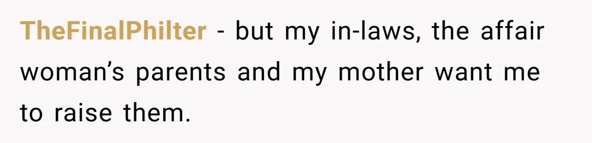 TheFinalPhilter − but my in-laws, the affair woman’s parents and my mother want me to raise them.