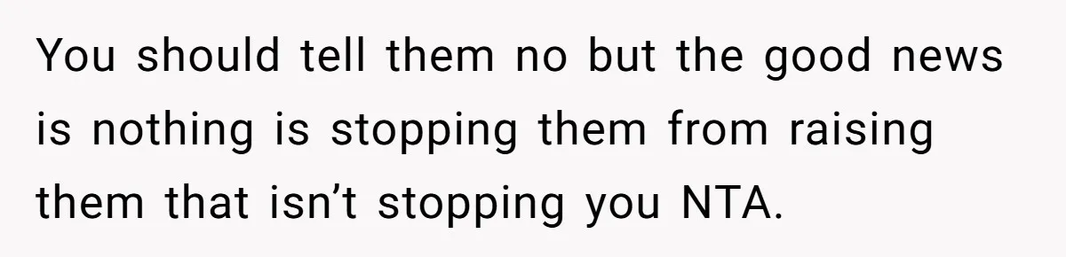 You should tell them no but the good news is nothing is stopping them from raising them that isn’t stopping you NTA.