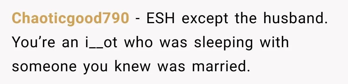 Chaoticgood790 − ESH except the husband. You’re an i__ot who was sleeping with someone you knew was married.