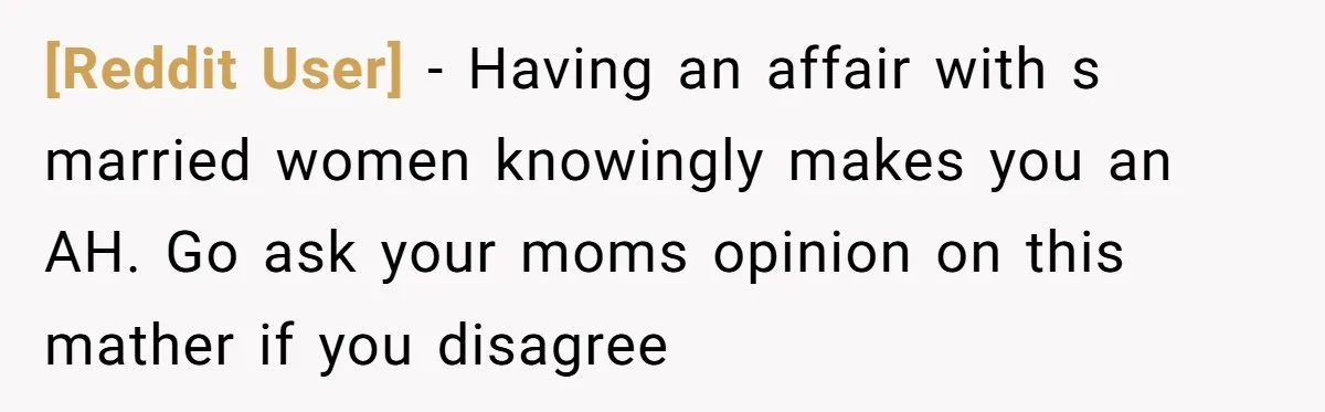 [Reddit User] − Having an affair with s married women knowingly makes you an AH. Go ask your moms opinion on this mather if you disagree