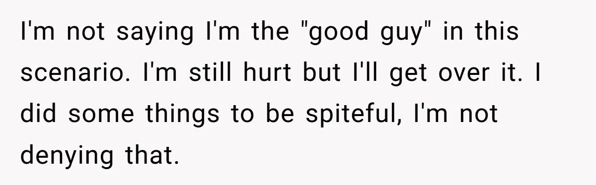 I'm not saying I'm the "good guy" in this scenario. I'm still hurt but I'll get over it. I did some things to be spiteful, I'm not denying that.