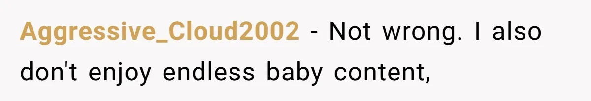 Aggressive_Cloud2002 − Not wrong. I also don't enjoy endless baby content,