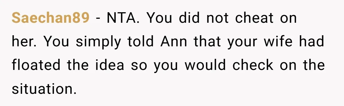Saechan89 − NTA. You did not cheat on her. You simply told Ann that your wife had floated the idea so you would check on the situation.