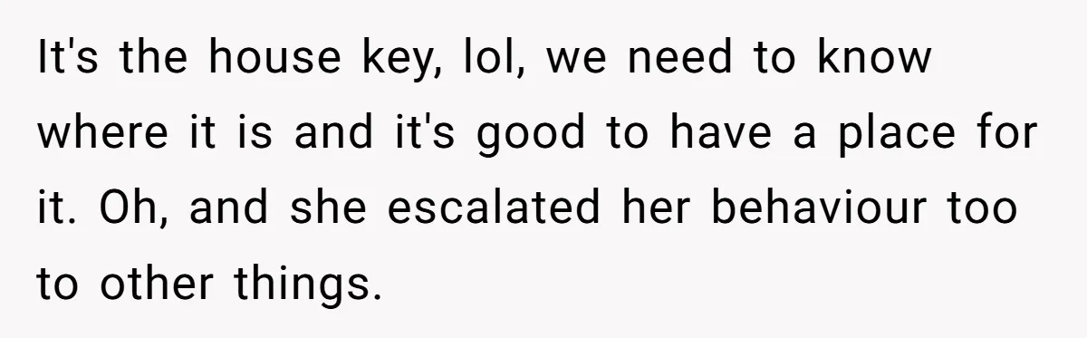 It's the house key, lol, we need to know where it is and it's good to have a place for it. Oh, and she escalated her behaviour too to other...