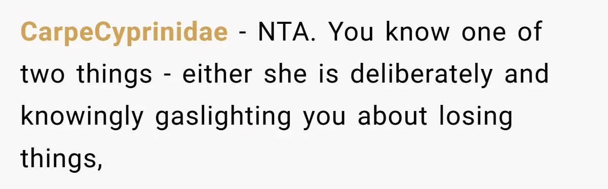 CarpeCyprinidae − NTA. You know one of two things - either she is deliberately and knowingly gaslighting you about losing things,
