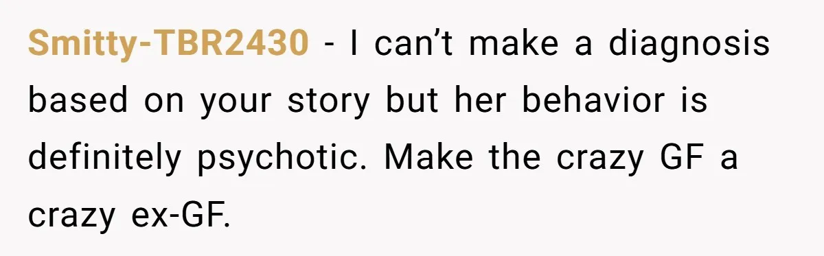 Smitty-TBR2430 − I can’t make a diagnosis based on your story but her behavior is definitely psychotic. Make the crazy GF a crazy ex-GF.