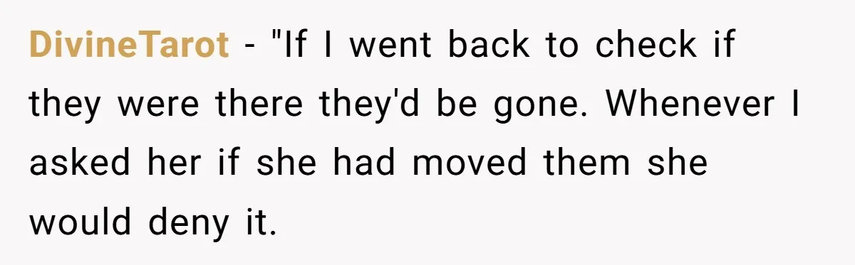 DivineTarot − "If I went back to check if they were there they'd be gone. Whenever I asked her if she had moved them she would deny it.