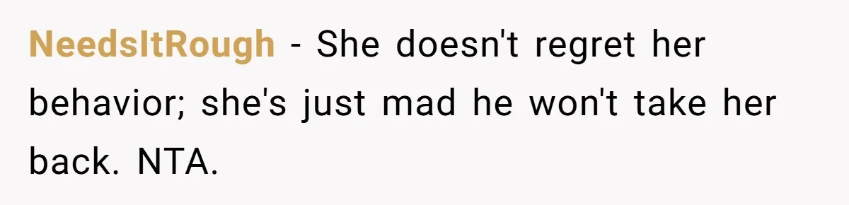NeedsItRough − She doesn't regret her behavior; she's just mad he won't take her back. NTA.