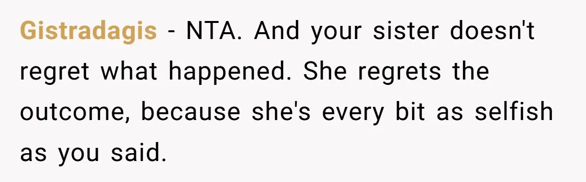 Gistradagis − NTA. And your sister doesn't regret what happened. She regrets the outcome, because she's every bit as selfish as you said.