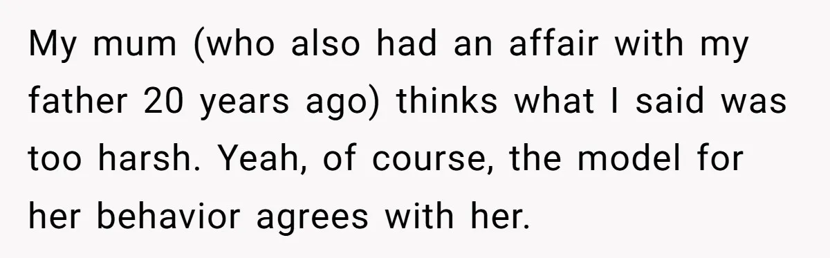 My mum (who also had an affair with my father 20 years ago) thinks what I said was too harsh. Yeah, of course, the model for her behavior agrees with...