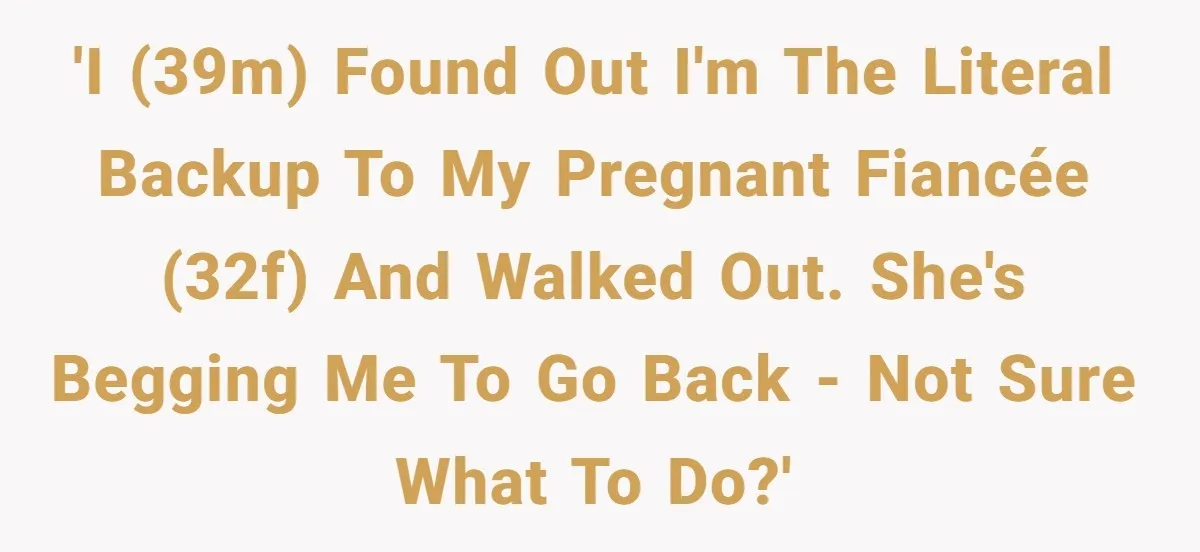 'I (39M) found out I'm the literal backup to my pregnant fiancée (32F) and walked out. She's begging me to go back - not sure what to do?'