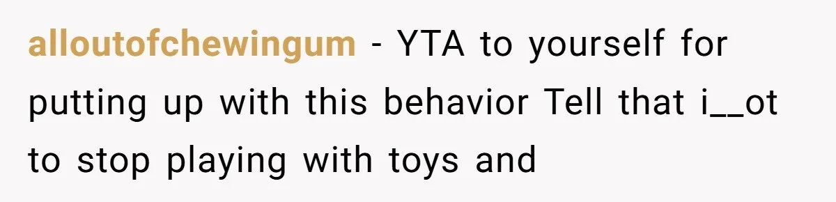 alloutofchewingum − YTA to yourself for putting up with this behavior Tell that i__ot to stop playing with toys and