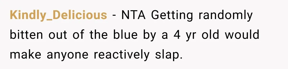 Kindly_Delicious − NTA Getting randomly bitten out of the blue by a 4 yr old would make anyone reactively slap.