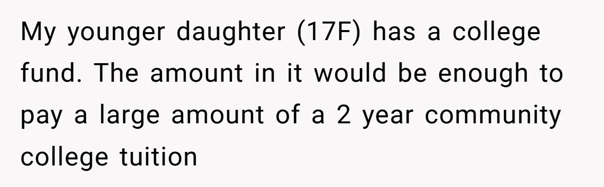 My younger daughter (17F) has a college fund. The amount in it would be enough to pay a large amount of a 2 year community college tuition