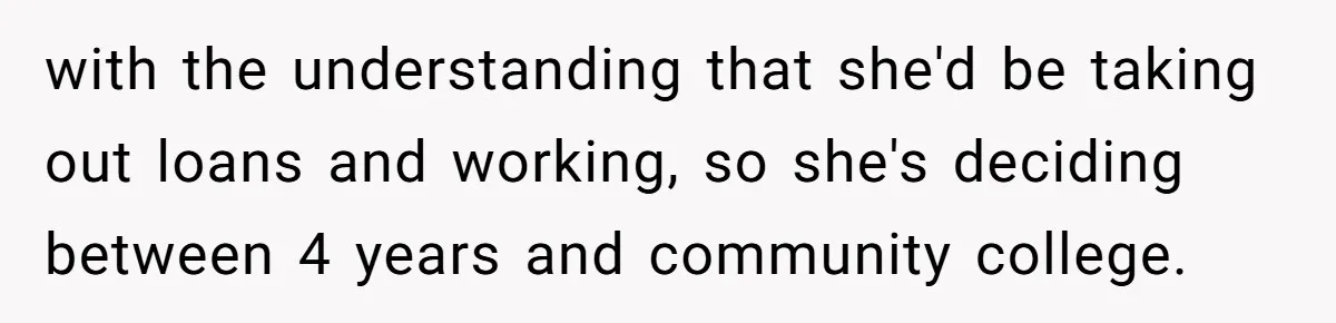 with the understanding that she'd be taking out loans and working, so she's deciding between 4 years and community college.