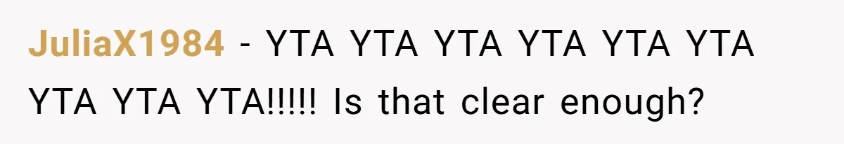 JuliaX1984 − YTA YTA YTA YTA YTA YTA YTA YTA YTA!!!!! Is that clear enough?