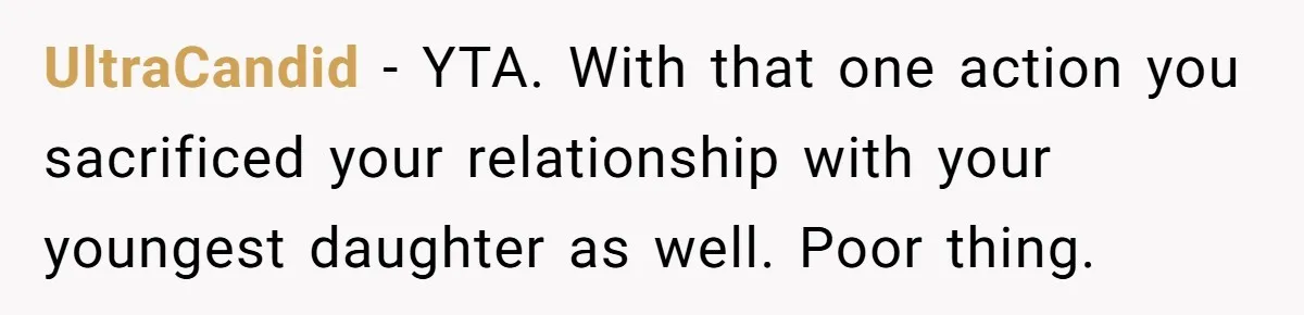 UltraCandid − YTA. With that one action you sacrificed your relationship with your youngest daughter as well. Poor thing.