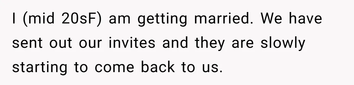 I (mid 20sF) am getting married. We have sent out our invites and they are slowly starting to come back to us.