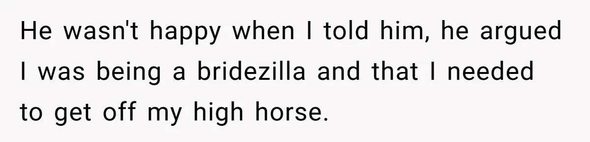 He wasn't happy when I told him, he argued I was being a bridezilla and that I needed to get off my high horse.