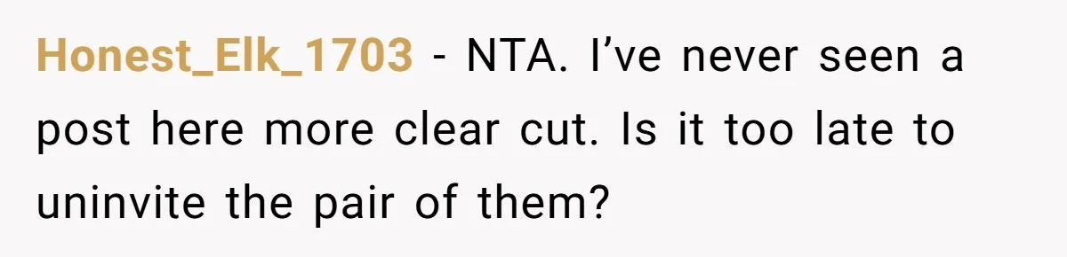 Honest_Elk_1703 − NTA. I’ve never seen a post here more clear cut. Is it too late to uninvite the pair of them?