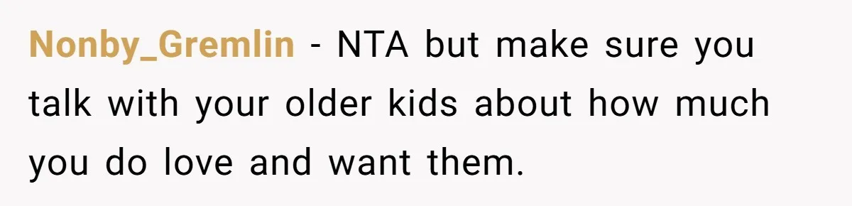 Nonby_Gremlin − NTA but make sure you talk with your older kids about how much you do love and want them.