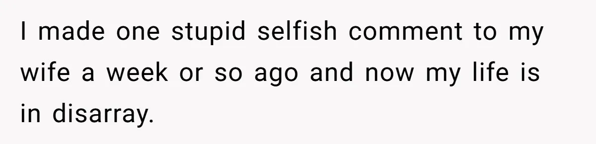 I made one stupid selfish comment to my wife a week or so ago and now my life is in disarray.