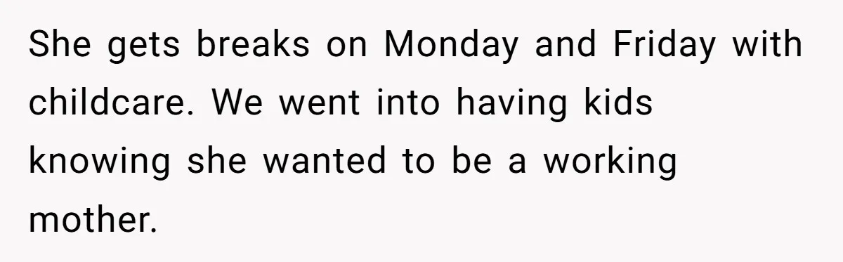 She gets breaks on Monday and Friday with childcare. We went into having kids knowing she wanted to be a working mother.
