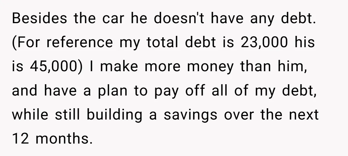 Besides the car he doesn't have any debt. (For reference my total debt is 23,000 his is 45,000) I make more money than him, and have a plan to pay...