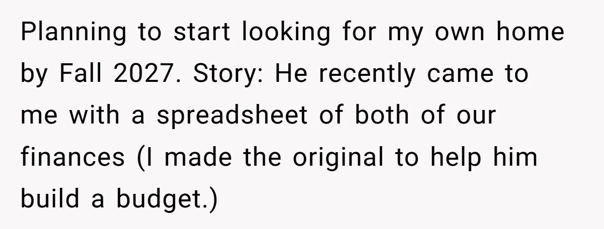 Planning to start looking for my own home by Fall 2027. Story: He recently came to me with a spreadsheet of both of our finances (I made the original to...