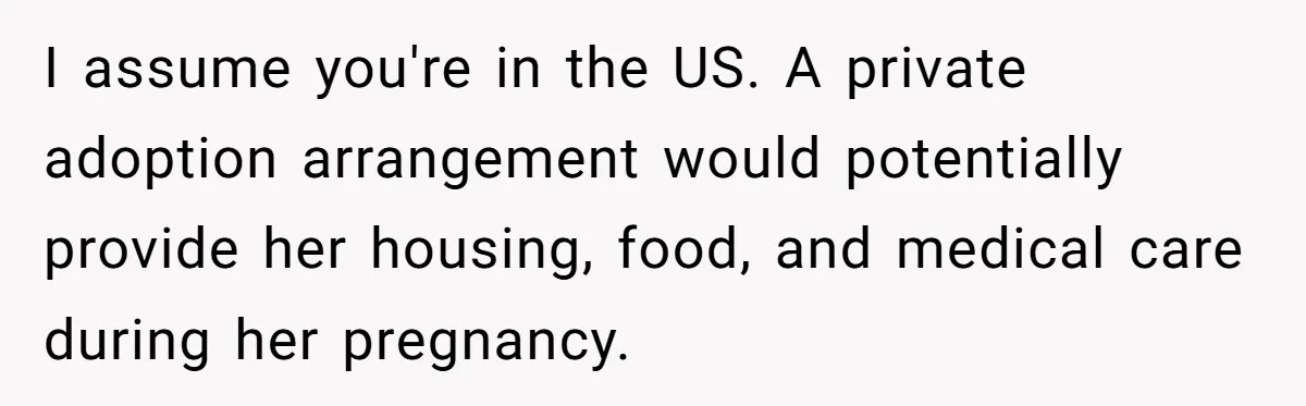 I assume you're in the US. A private adoption arrangement would potentially provide her housing, food, and medical care during her pregnancy.