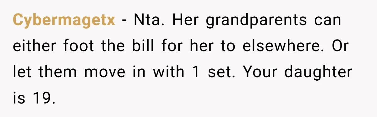 Cybermagetx − Nta. Her grandparents can either foot the bill for her to elsewhere. Or let them move in with 1 set. Your daughter is 19.