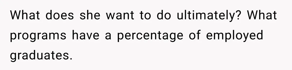 What does she want to do ultimately? What programs have a percentage of employed graduates.